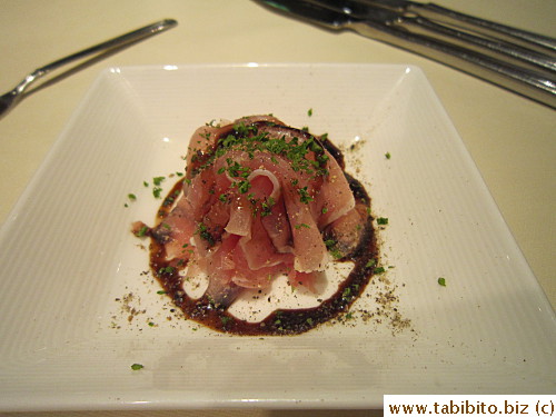 Amuse for the Special Lunch: Prosciutto with balsamic glaze