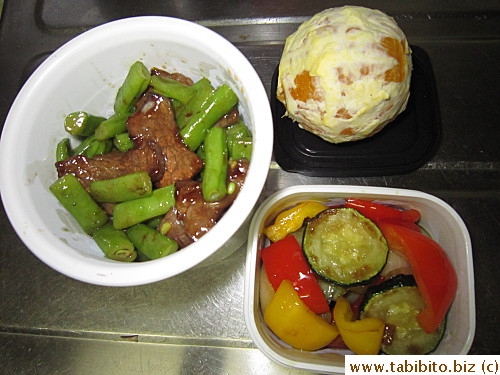 Stirfried beef and green beans with oyster sauce, stirfried zucchini and peppers, orange