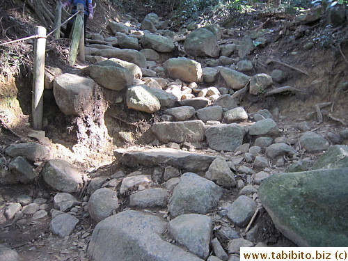 Soon the trail turns hellish with slippery stones on steep slant
