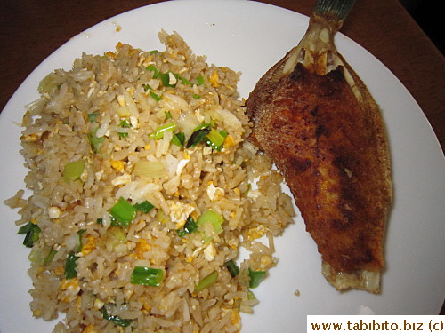 Egg fried rice and panfried fish