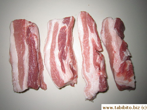 Cut up pork belly into thick strips