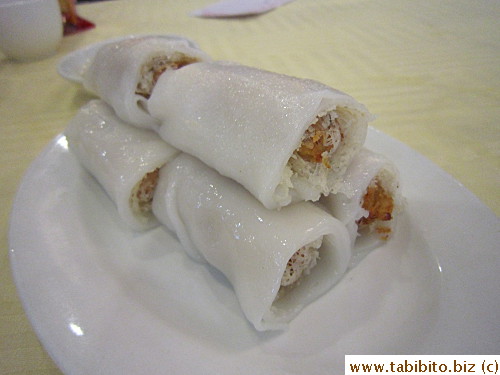 Steamed rice rolls wrapping something crunchy (no idea what that was)