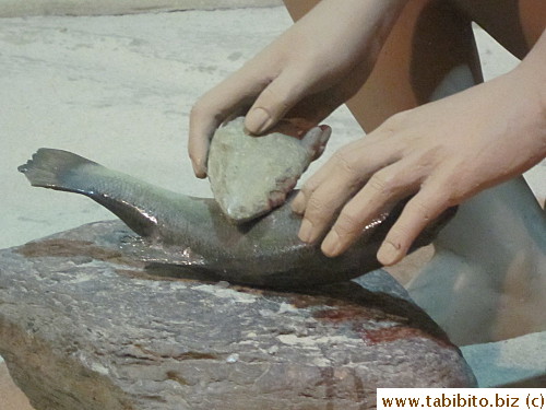 such as using stone to clean fish