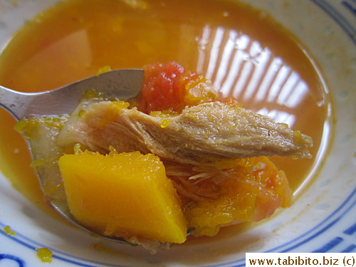 Mom made soup from the carcass with onion, pumpkin and tomatoes which was quite nice
