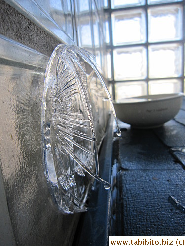 Ice forms on water bowl surface that's left out overnight