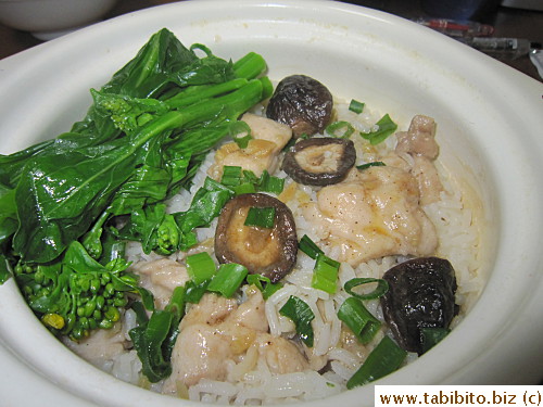 Steamed rice with chicken and rehydrated shiitake mushrooms is yummy