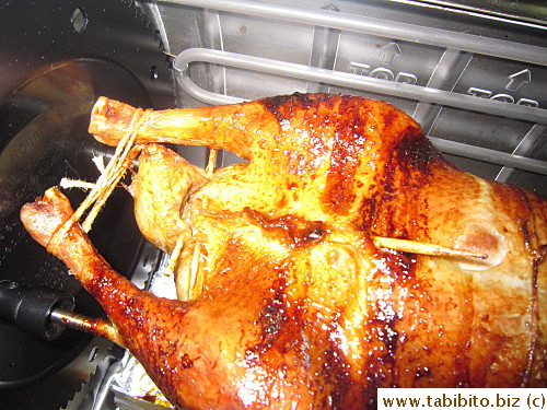 Wet seasoning mix inside the duck.  I way overcooked it and the meat was dry, skin was barely crispy