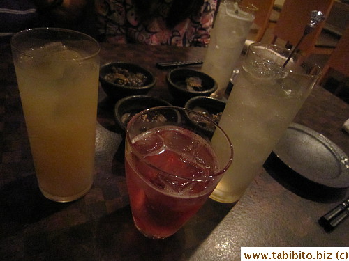 Our drinks (red plum wine and three non-alcoholic drinks)