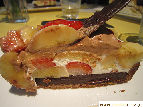 Bitter chocolate pie with banana and strawberry