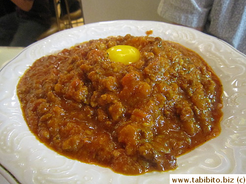 KL hated this dish (Bolognese sauce, raw egg and rice are just weird together)