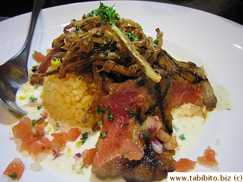 Some kind of rice and steak in cream sauce