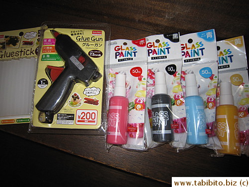 Glue gun and faux glass paints from 100Yen shop ( Dollar store)