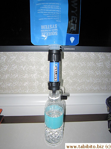 We used to have to buy big bottles of water when we travelled, not anymore.  We love this handy filtration system, I carry it out on the street too.  A tap and a cup and you're good to go